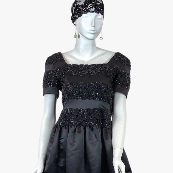 Oscar De La Renta Studio Black Satin Beaded Gown Lace Bodice Maxi Dress 80s 90s - Picture 5 of 5